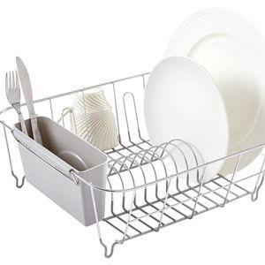 Sweet Home Collection 2 Piece Dish Drying Rack Set Drainer with Utensil Holder Simple Easy to Use Fits in Most Sinks, 14.5" x 13" x 5.25", Silver