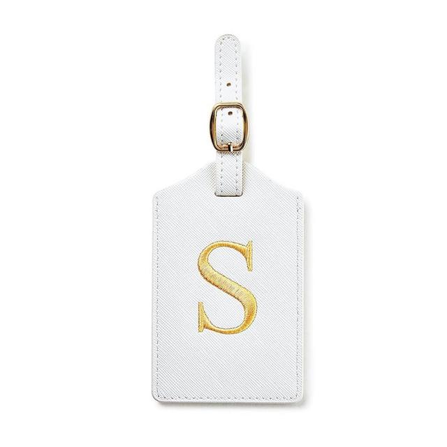 Initial Luggage Tag, PU Leather Luggage Tag, Embroidered Luggage Tag, Letter Luggage Tag, Monogrammed Luggage Tag, Luggage Tag for Baggage Bag Suitcase (S, White Leather+Gold Letter)