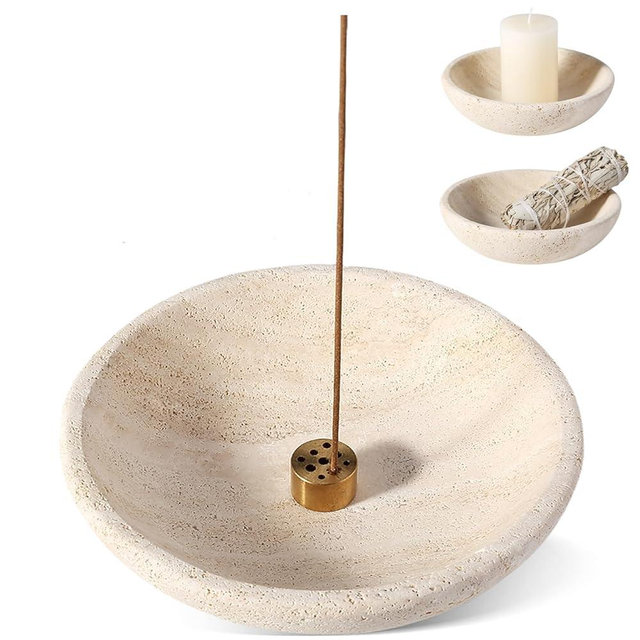 Koville Natural Travertine Incense Holder, Incense Holder for Sticks with 9 Holes, Handmade Incense Burner Ash Catcher for Meditation Yoga SPA, Balsam Fir/Palo Santo/Sage/Cone Incense Holder(Beige)
