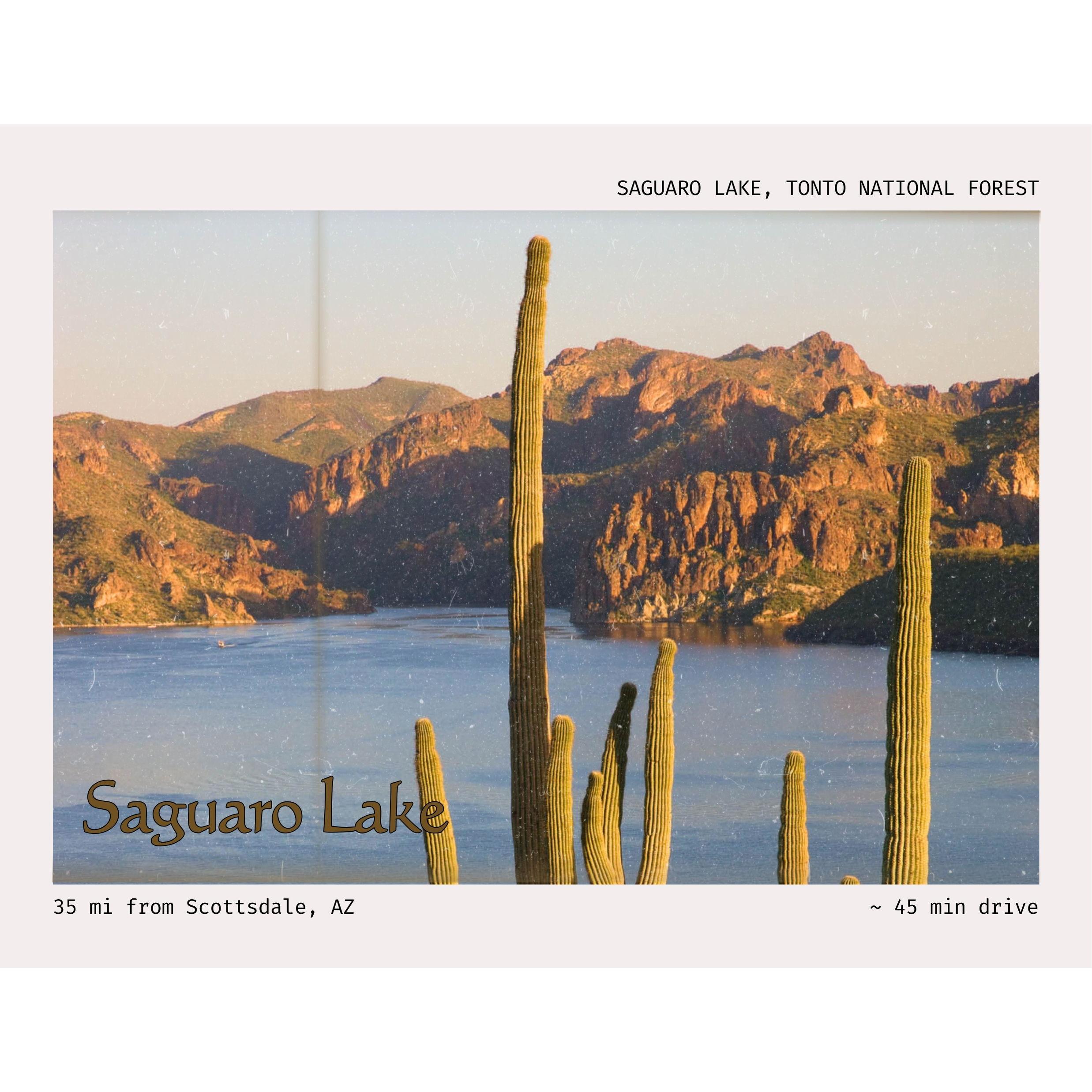 Saguaro Lake rests in Tonto National Forest, surrounded by cactus-lined cliffs and calm desert waters— check out the Guest Ranch for kayaking, horseback rides, and stargazing.