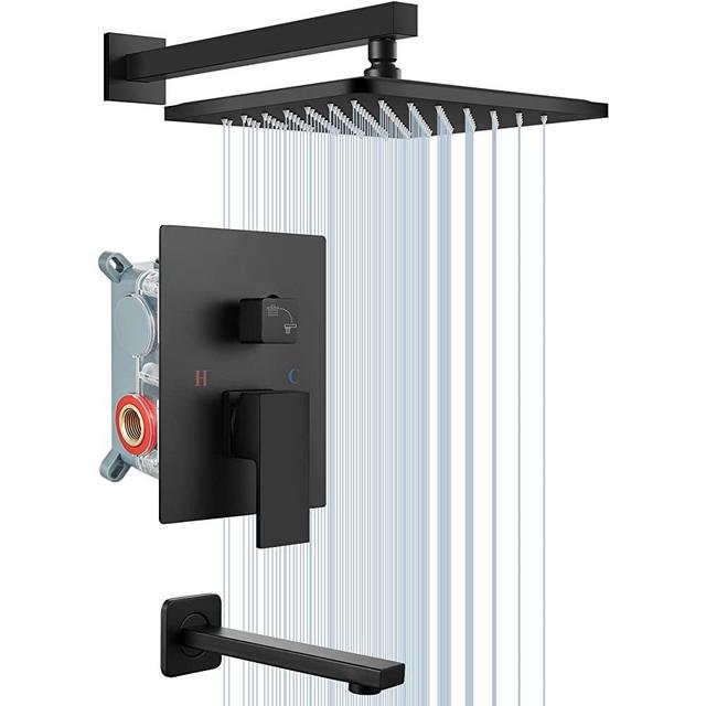 Tub and Shower Faucet Set Matte Black Bathroom Rain Shower System with Tub Faucet Spout Wall Mounted 8 inch High Pressure Rain Shower Head Shower Trim Kit with Rough-in Mixer Valve