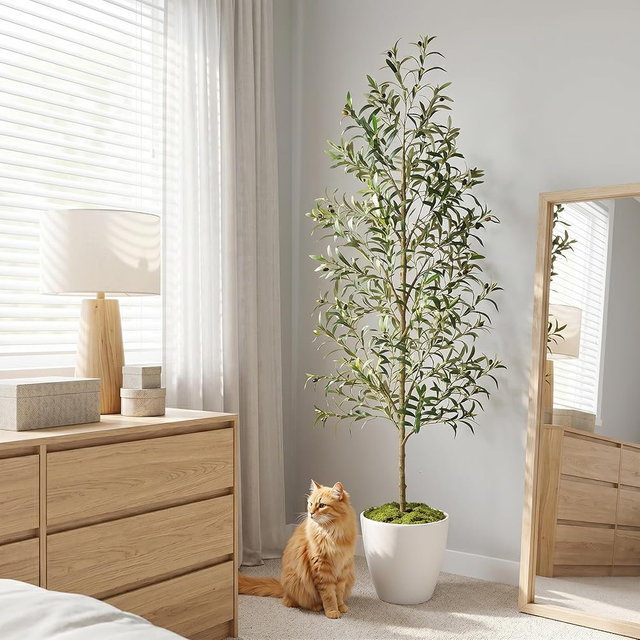REIMUCO Faux Olive Tree 7FT - Artificial Plants Indoor with Pot, Fake Trees with Thick Trunk and Lifelike Fruits, Silk Artificial Trees Tall Fake Plants for Modern Home House Office Decor