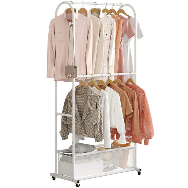 MOYIPIN Double Rods Clothing Rack with Wheels,Clothing Organizer for Hanging Clothes Coat Scarves Bags,Multi-functional Bedroom Garment Rack,4 Hooks,White