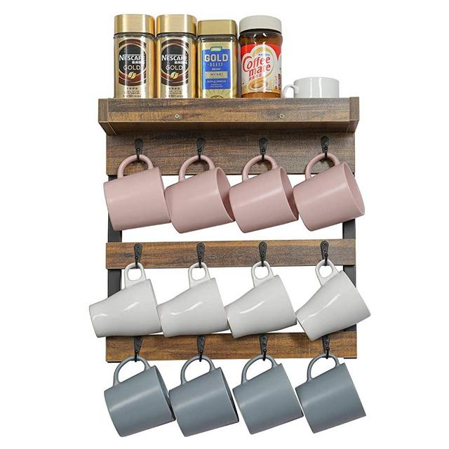 OROPY Coffee Mug Rack Wall Mounted, Rustic Wood Cups Rack with 12 Hooks and Storage Shelf, for Home Kitchen Display and Collection (Rustic Brown)