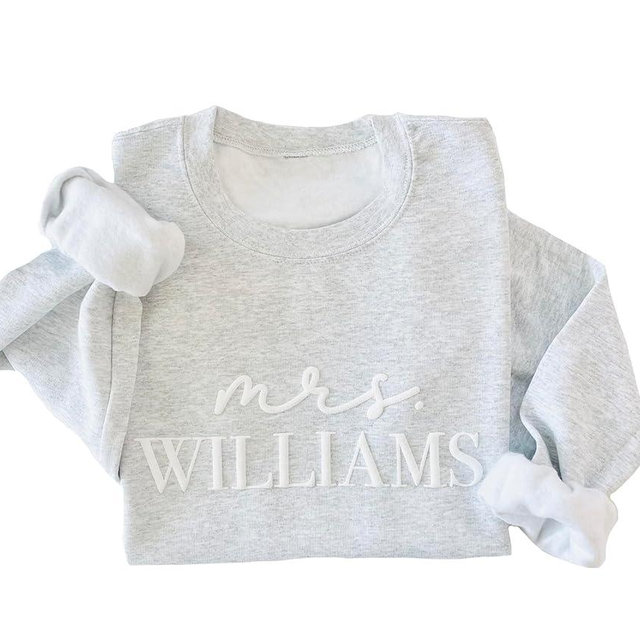 Up2ournecksinfabric - Embossed Bride Sweatshirt - Mrs Sweater- Custom Mrs - Honeymoon Pajamas - Wedding Gift - Bride Crewneck