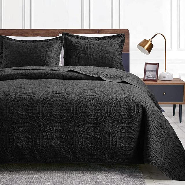 Love's cabin Queen Black Quilt Sets with Coin Pattern, Comforter Bedding Cover Soft Lightweight Bedspread Bed Decor Coverlet Sets for All Season(90"x96")