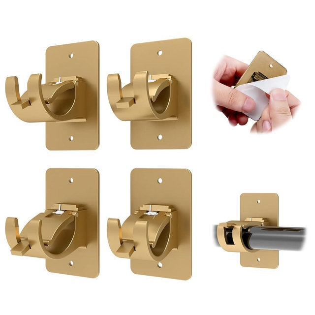 CIEMGNZOC 4PCS No Drill Curtain Rod Brackets, Self-Adhesive Curtain Rods No Drilling, Nail Free Adjustable Curtain Rod Holders, Curtain Hooks for Rod Less Than 1.57 Inch Diameter (Gold)