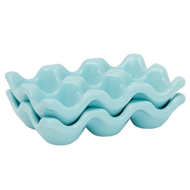 Ceramic 6 Egg Tray for Countertop, Holder for Half Dozen Chicken Eggs (Teal, 2 Pack)