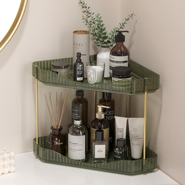Lifewit 2-Tier Corner Bathroom Counter Organizer, Plastic Makeup Skincare Organizers Storage Countertop, Sink Vanity Trays Perfume, Cosmetic Shelf in Bedroom, Dresser, Kitchen (Green)