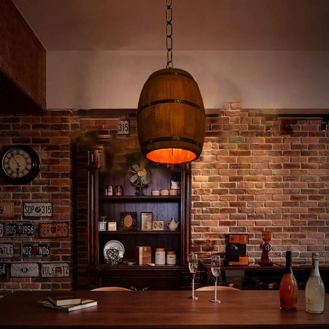 Antique Wood Wine Barrel Pendant Light Small Hanging Rustic Unique Ceiling Lamp Light Fixtures for Home Bar Cafe Kitchen Dining Room Table, Adjustable Chain Length