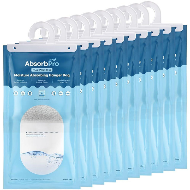 Absorb Pro - Moisture Absorbing Hanger Bag Fragrance Free - 10-Pack - 9.8 oz Hanging Dehumidifying Packs for Home, Kitchen, Bedroom, Bathroom, Closet, Rooms, Cars