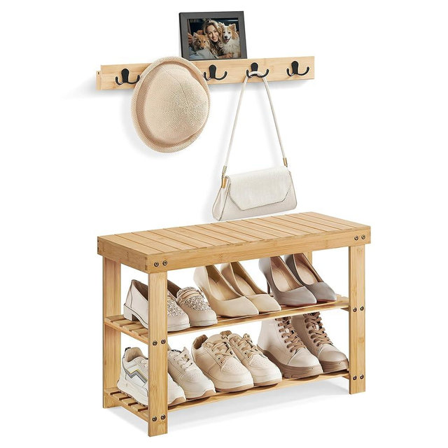 SONGMICS Coat Rack Shoe Bench Set, 3-Tier Bamboo Shoe Rack Bench, Multifunctional, 5 Double Metal Hooks, for Entryway, Hallway, Bedroom, Natural Beige ULCR004N01V1