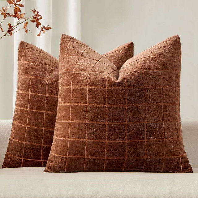 MIULEE Decorative Chenille Check Throw Pillow Covers Vintage Plaid Couch Pillows 20x20 Inch Set of 2 Neutral Boho Farmhouse Cushion Covers Modern Home Decor for Sofa Bed Living Room Burnt Orange