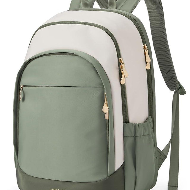LIGHT FLIGHT Travel Backpack for Women, 15.6 Inch Laptop Backpack with USB Charging Hole, Water Resistant College Bookbag, Large Capacity Black Computer Backpacks for Work, Beige+Green