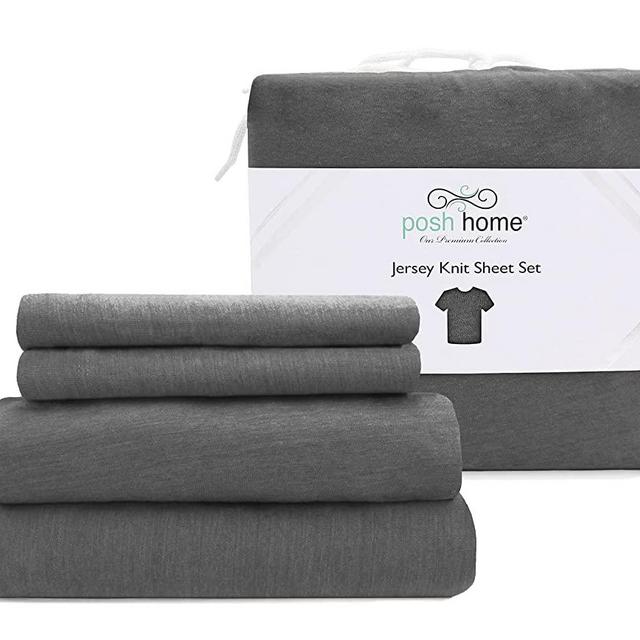 Posh Home Jersey Knit Ultra Soft Lightweight Cotton T-Shirt Comfortable Breathable Cooling Cozy Unisex All-Season Bed Sheet Set Easy Care (Queen, Grey)