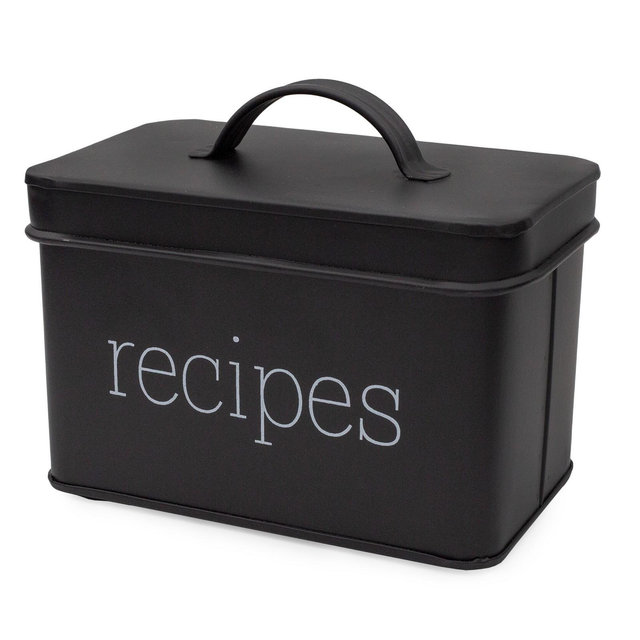 AuldHome Design Black Farmhouse Enamelware Recipe Box; Retro Style Metal Recipe Holder Organizer