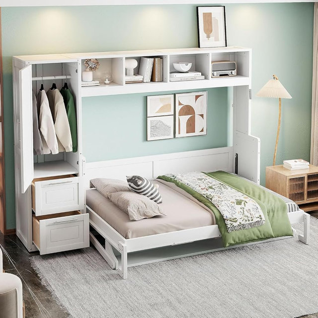 Ball & Cast Murphy Bed Queen Size Wall Beds with Closet and Storage Drawers,Wood Hideaway Platform Bedframe w/Lock,can be Folded,Easy Assembly,for Kids Bedroom,Student Dorms,White