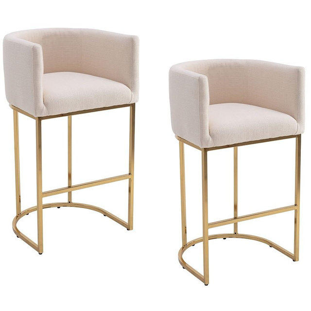 RIVOVA Contemporary Cream Linen Bar Stools Set of 2, 32" Upholstered Fabric Counter Height Barstool Kitchen Counter Island Stools with Golden Metal Base