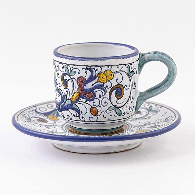 thatsArte.com - Italian Ceramic Espresso Cup & Saucer Ricco Deruta Blu - Hand Painted Cup, Made in Italy Ceramics, Handmade Coffee Cups, Small Cup Pottery, Italian Ceramics Deruta, Italian Pottery