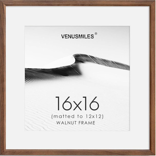 Venusmiles 16x16 Picture Frame Natural Solid Walnut Photo Frames with 12x12 Removable Mat Wall Hanging Large Handcrafted Frame with HD Plexiglass Wall and Tabletop Display Large Poster Frame