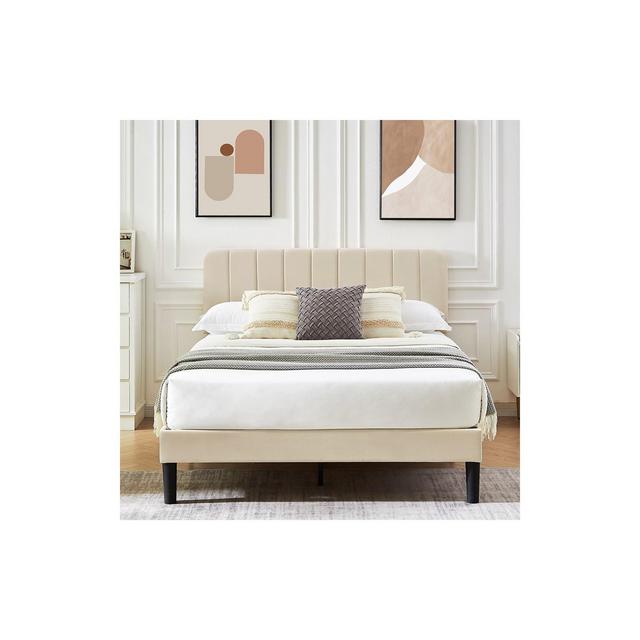 VECELO Upholstered Bed Frame with Adjustable Velvet Headboard, Wooden Slats Support, Bed Frame Beige Queen Bed