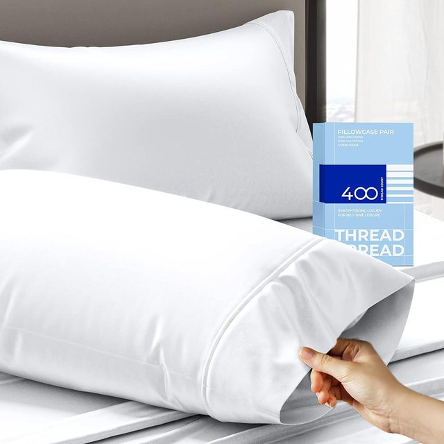 THREAD SPREAD 100% Cotton King Size Pillowcases Set of 2-400 Thread Count White Cotton Pillow Cases, Ultra Soft Cooling Sateen Weave King Size Pillow Cases, Set of 2 Pillow Covers for King Pillows