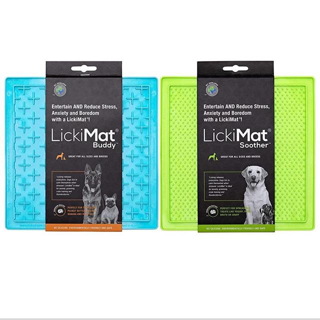 LickiMat Classic Dog Slow Feeders for Boredom & Anxiety Reduction; Perfect for Food, Treats, Yogurt, Peanut Butter. Fun Alternative to a Slow Feed Dog Bowl! (Green & Turquoise, Soother & Buddy)