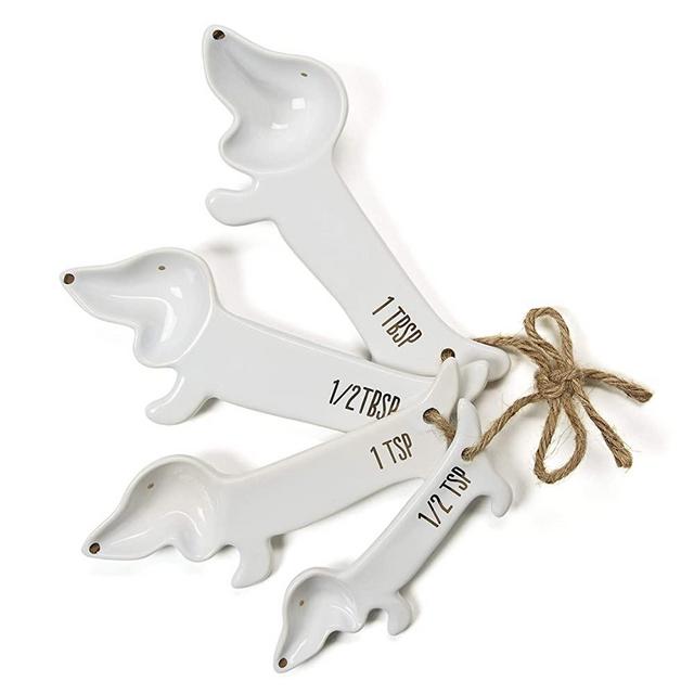 White Ceramic Dog Measuring Spoons: 1 Tablespoon, 1 Teaspoon, 1/2 Teaspoon and 1/4 Teaspoon Set