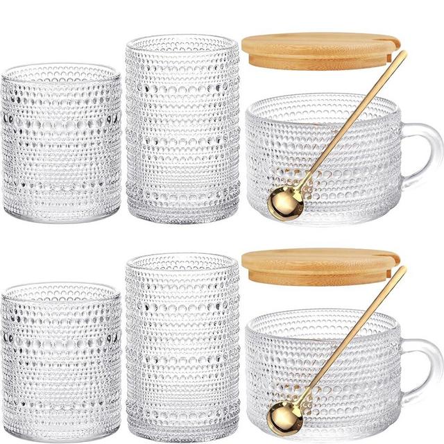 Dababell 6pcs Vintage Highball Drinking Glasses Set, 4pcs Hobnail Drinking Glasses with 2pcs Vintage Coffee Mugs,Old Fashioned Beverage Glasses, Vintage Water Glasses Set (Modern-lovers)