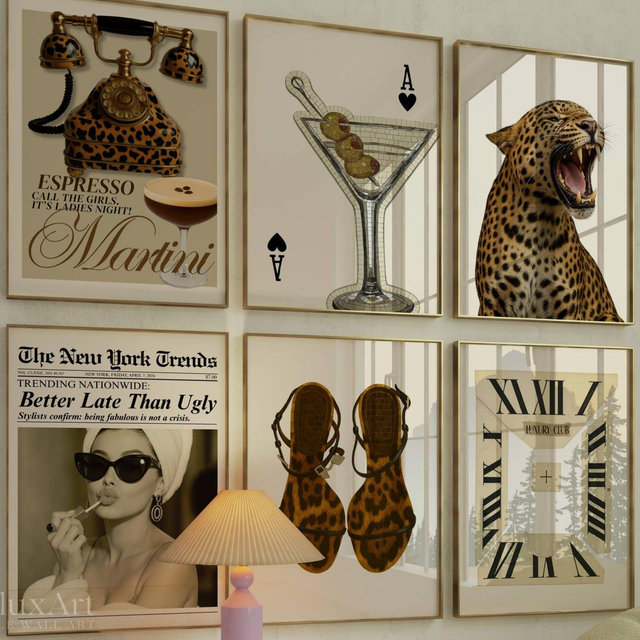 Retro Girly Wall Art Set – 6 Trendy Posters, Y2K Fashion Decor, Trendy Leopard Print, Aesthetic Dorm & Apartment Decor, Leopard Wall Art