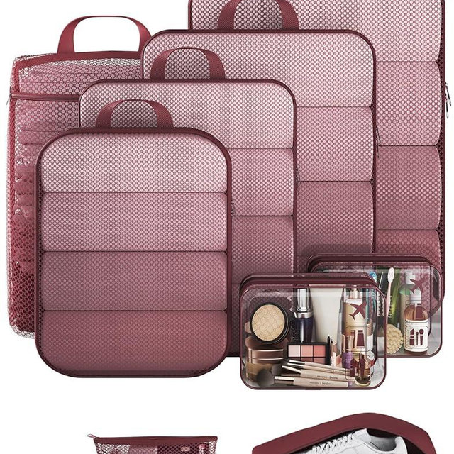 Veken 9/11 Set Compression Packing Cubes for Travel Essentials,Compressible Expandable Large Luggage Suitcase Organizer Bags for Clothing,Durable Space Saver Storage Bags with Toiletry Bags(Wine Red)
