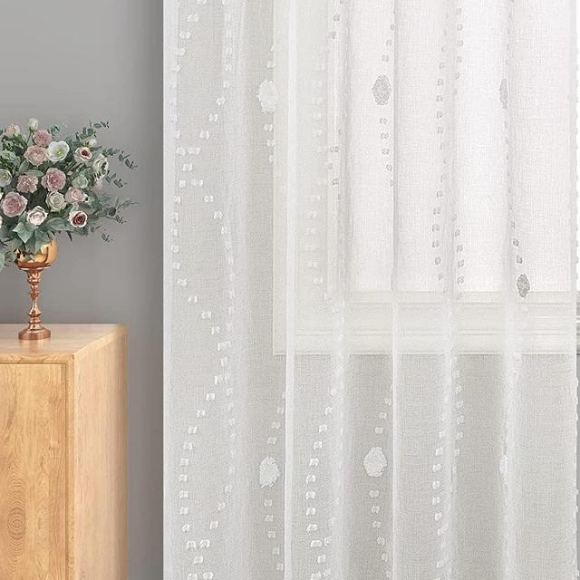 Shabby Chic Pom Pom Wave Boho Semi Sheer Window Curtains 84 Inch Length for Living Room 2 Panels Set Vintage Jacquard Textured Farmhouse Country Floral Lace Curtain for Bedroom,Cream Ivory Off White