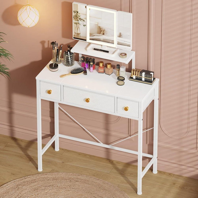HIGDBFE Makeup Vanity Desk 27.5''W with Mirror and Lights, Small Vanity Desk with 3 Fabric Drawers and Height-Adjustable Stand, Makeup Table for Girls, Bedroom and Small Spaces, White