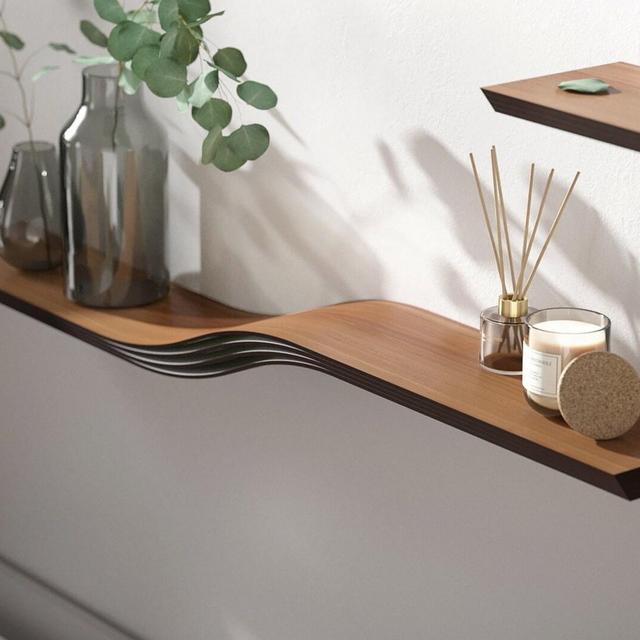 Floating Shelf Wall Mounted, Walnut Hanging Floating Shelves, Wall Shelf Curved, Wooden Bracketless Shelves, Wavy Bookshelf Geometric