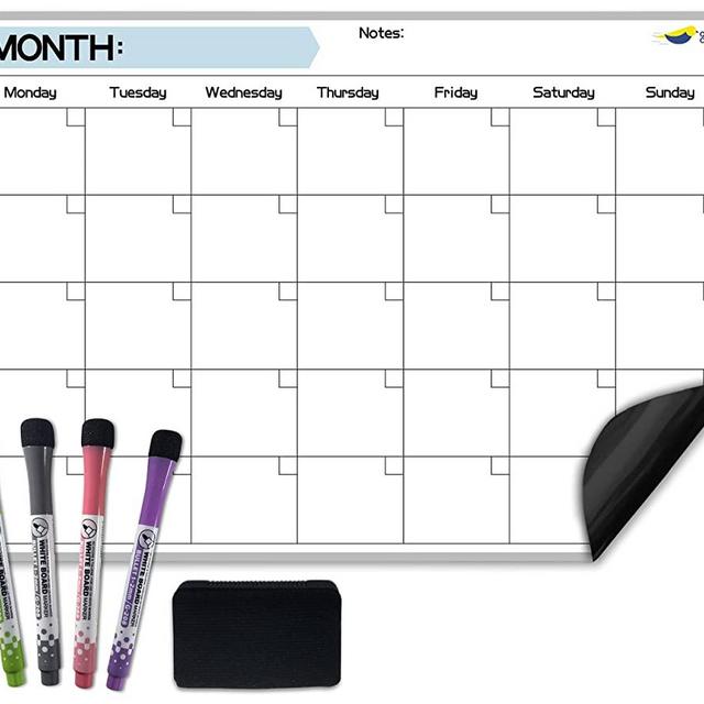 Magnetic Dry Erase Monthly Calendar for Fridge - 17x12” Whiteboard Calendar for Refrigerator - Latest Stain Resistant Technology - 4 Fine Tip Markers and Large Eraser - Kitchen White Board Planner
