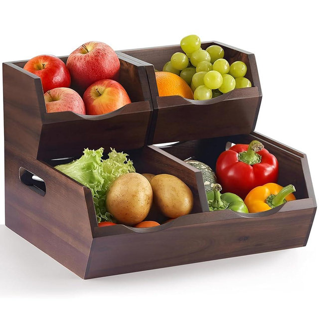 NAGAWOOD Acacia Wood Pantry Storage Bins - Stackable Open Front Kitchen Baskets with Airflow Vent for Potato, Onion, Fruit, Vegetable, and Bread Storage, Wood Organizer for Pantry and Countertop
