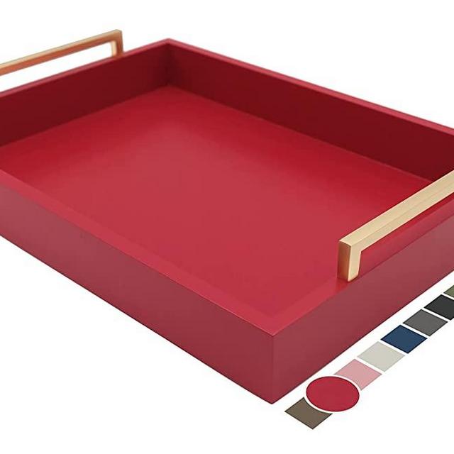 Montecito Home Decorative Coffee Table Tray - Ottoman Tray - Breakfast, Drinks, Liquor Serving Tray - from Farmhouse to Modern - Matte Finish - Champagne Gold Handles - Crimson Red