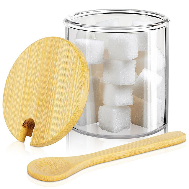 holoith Sugar Container with Lid and Spoon,11oz Sugar Bowl Glass Clear Jar for Coffee Bar Accessories Storage Overnight Oats, Salts, Coffee Bean, Spice, Creamer, Food Organizer（Clear）