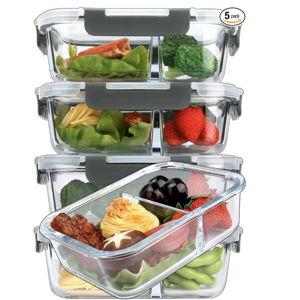 M MCIRCO [5-Pack,36 Oz] Glass Meal Prep Containers 2 Compartments Portion Control with Upgraded Snap Locking Lids Glass Food Storage Containers, Microwave, Oven, Freezer and Dishwasher (4.5 Cups)