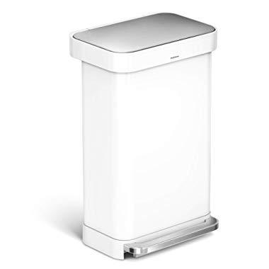 simplehuman 45 Liter / 12 Gallon Stainless Steel Rectangular Kitchen Step Trash Can with Liner Pocket, White Steel