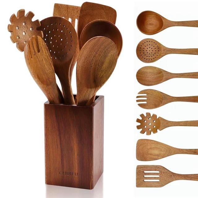 CHUIFU Exquisite 8-Piece Wooden Cooking Utensil Set with Elegant Wooden Base - Elevate Your Culinary Journey