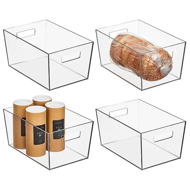 Nate Home by Nate Berkus Plastic Bin with Handles | for Pantry Organization Perfect Organizer for Kitchen Storage or Fridge from mDesign - Set of 4, Clear
