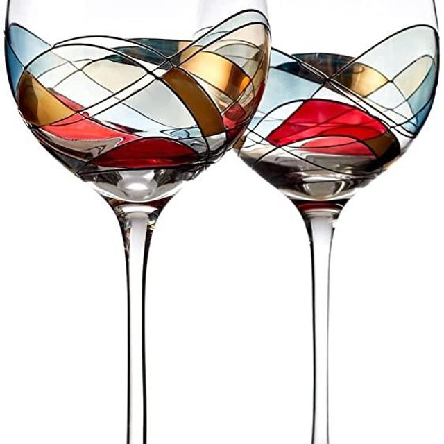Wine Glasses Hand Painted - Set of 2 - Women Wine Gift - Wine Lover Glass - Beautiful Glassware Gifts Ideas for Women Inspired by 'Duomo di Milano' Mothers Day - 12 oz - Bezrat (Red)