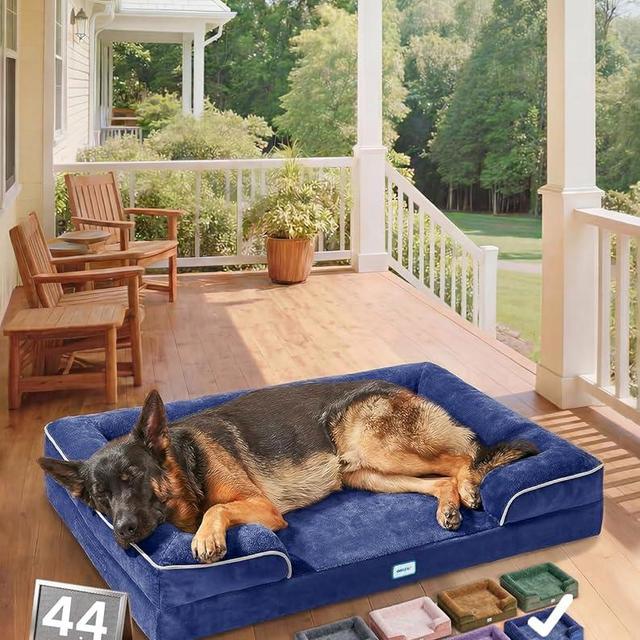 OhGeni Orthopedic Dog Bed Couch Big Cat Sofa for Extra Large Sized Pets with Memory Foam, Machine-Washable Waterproof Removable Cover, Soft Comfortable Fabric, 44-inch (Blue)