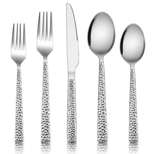 20-Piece Hammered Silverware Set, E-far Stainless Steel Square Flatware Set Service for 4, Tableware Cutlery Set Includes Forks Spoons Knives, Modern Design & Mirror Finish - Dishwasher Safe