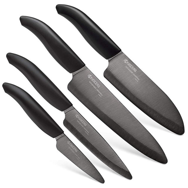 Kyocera Advanced Ceramic Revolution 4-Piece Knife Set :Includes 7-inch Chef's, 5.5-inch Santoku, 4.5-inch Utility and 3-inch Paring-Black Handle w/Black Blades