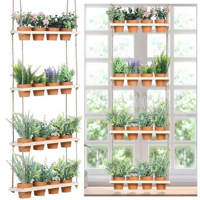 FillTouch 4 Tiered Hanging Herb Garden Wall Hanging Herb Planters with 16 Pcs Nursery Pot Wood Vertical Hanging Window Plant Shelf with Holes and Rope Plastic Flower Pots Spring Garden Indoor Kitchen