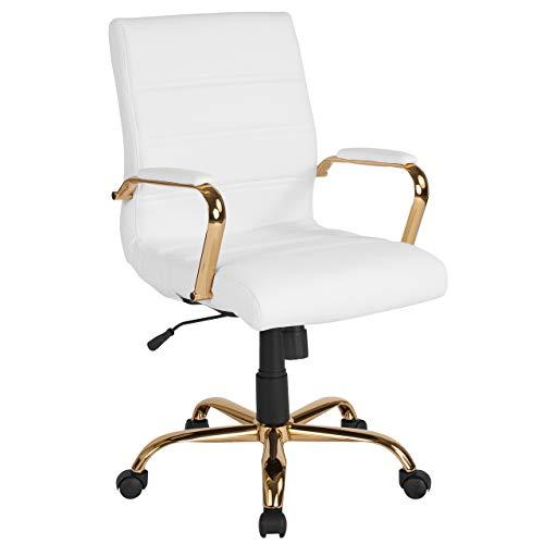 Flash Furniture Mid-Back White Leather Executive Swivel Office Chair with Gold Frame and Arms - GO-2286M-WH-GLD-GG