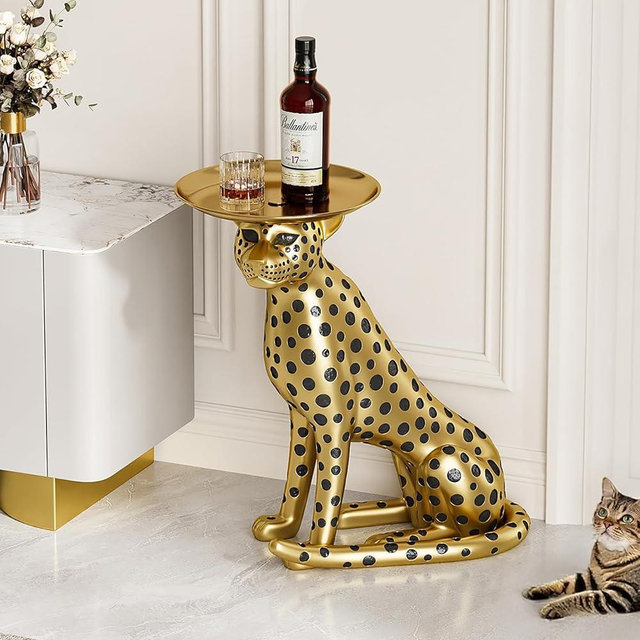 homary Animal Side Table with Tray Top– Gold Leopard Statue Panther Figurine End Table Art Decor for Home & Gifts