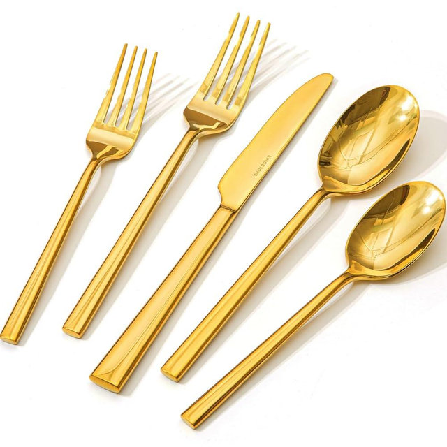 KINGSTONE Gold Silverware Set, 40-Piece Forged Flatware Set Cutlery Set Premium Stainless Steel, Service for 8, for Kitchen, Home, Wedding, Party, Mirror Polished Dishwasher Safe
